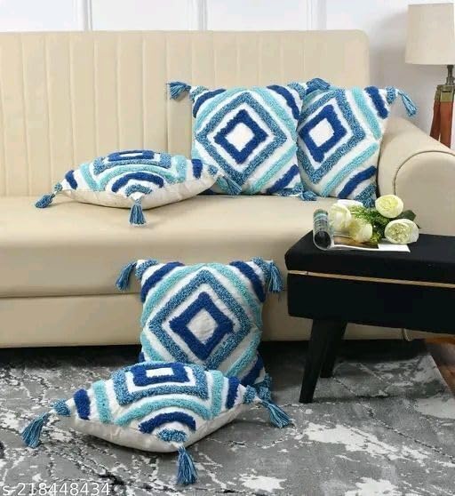 Image of Cushion Cover Pack of 4 (16x16 Inches) | Cotton Textured Decorative Throw Pillow Case for Sofa Bed Living Room Tufted Cushion Cover with Tassels (Blue Dimond)