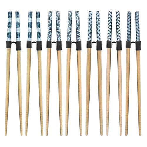 Qiyuda 7 Pairs Reusable Training Chopsticks Beginners for Kids Adults Learners, Japanese Bamboo Chopsticks and Non-Slip Connector Set Dishwasher Safe, L8.86Inch (3.Glaze print)