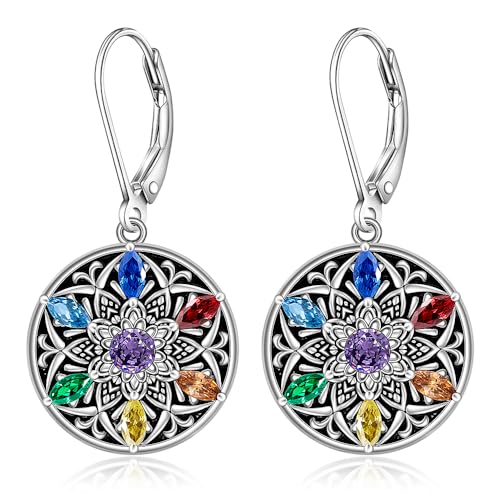 Mandala Chakra Earrings for Women Sterling Silver Lotus Flower Earrings Dangle Drop Leverback 7 Chakra Gifts Om Symbol Yoga Jewelry