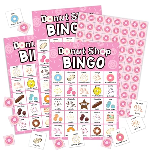 YUEXLL Donut Shop Bingo Card Set - 24 Players Sweet Treats Party Activities for Family Friends Bingo Game Gender Reveal Party Favor Supplies for Adult Teen -09