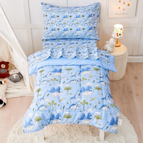 Image of lasoftan Dinosaur Toddler Bedding Set for Boys, 4 Piece Bed-in-a-Bag Toddler Comforter Sets, Super Soft and Comfortable Microfiber Todeeler Bed Set