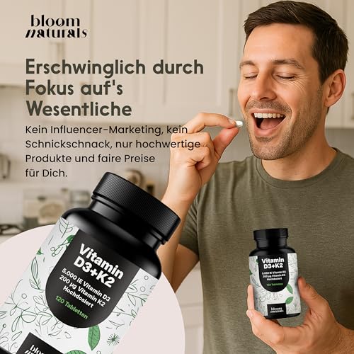 Vitamin D3 K2 hochdosiert – 120 Tabletten mit 5000 IE D3 & 200 µg K2 – 99,7+% All-Trans K2-MK7 - Vitamin D - produziert in Deutschland - Verpackung kann variieren