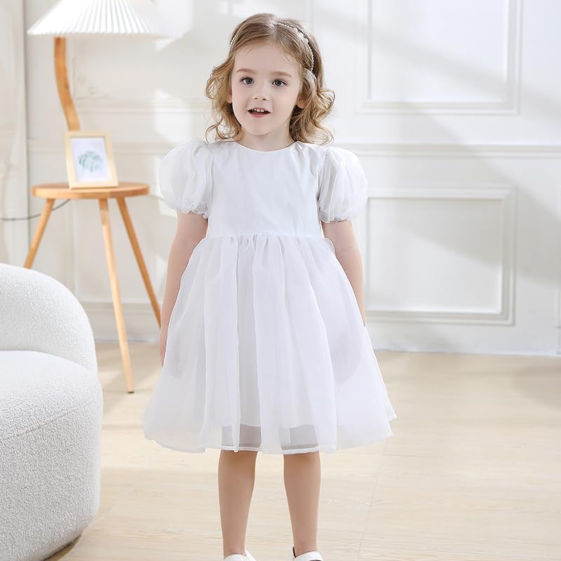 Girls Puff Sleeve Birthday Dress Toddler Tulle Tutu Short Sleeve Party Dressy Flower Girls Dresses for Wedding 1-8Y2