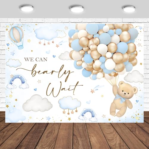 Tcoyodw Blue Bear Baby Shower Backdrop 7x5ft We Can Bearly Wait Hot Air Balloons Bear Theme Party Decorations Photography Background for Boys (Blue)