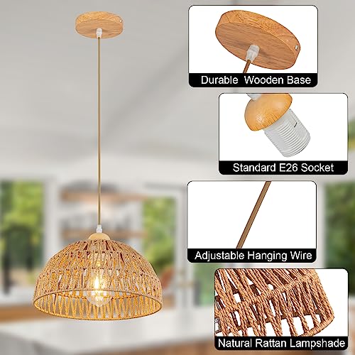 Boho Pendant Light Fixture Kitchen Chandelier Rattan Hanging Light Flush Mount Ceiling Light Boho Lamp Shade Wooden Base Bohemian Chandeliers for Hallway Bedroom Chandelier Dinning Light Fixture by OCWHT - Image 6