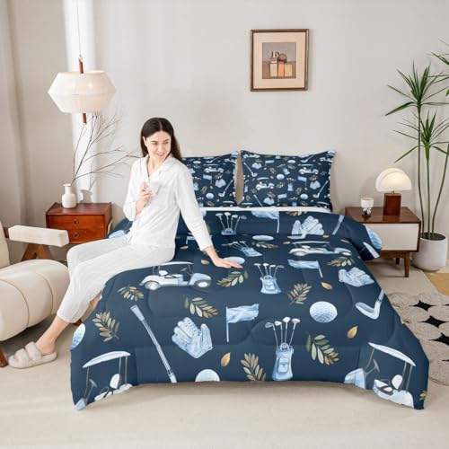 Image of Feelyou Navy Blue Golf Comforter Set King Size Leaves Bedding Set for Kids Boys Girls Sports Golfing Theme Duvet Quilt Bedroom Decor Microfiber 3 Pcs with 2 Pillow Cases