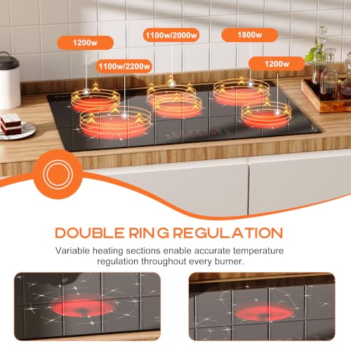 Image of Karinear Electric Cooktop 30 Inch, 5 Burners Radiant Stovetop, Sensor Touch Control, Multi-functional Electric Ceramic Cooktop, Drop-in Install, 8400W 220V(No Plug)
