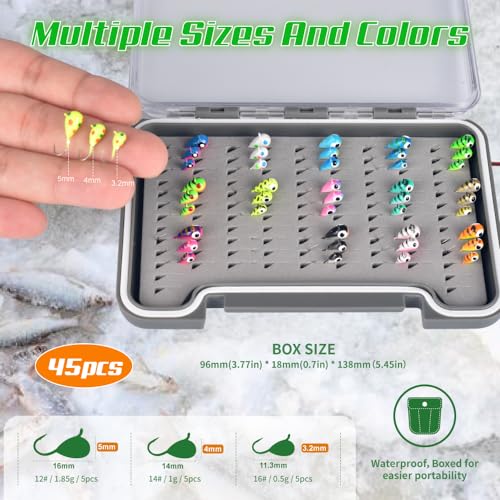 image for MUUNN Tungsten Ice Fishing Jigs Kit 45pcs More Effective Glow Tungsten