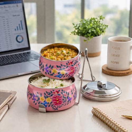 Image of iHandikart Handpainted Decorative Lunch Box Tiffin | Multiple Tier Stainless Steel Food Box | Designer Indian Print Tiffin for School | Diwali Gift, Navratri Gift (Color - Multicolor)