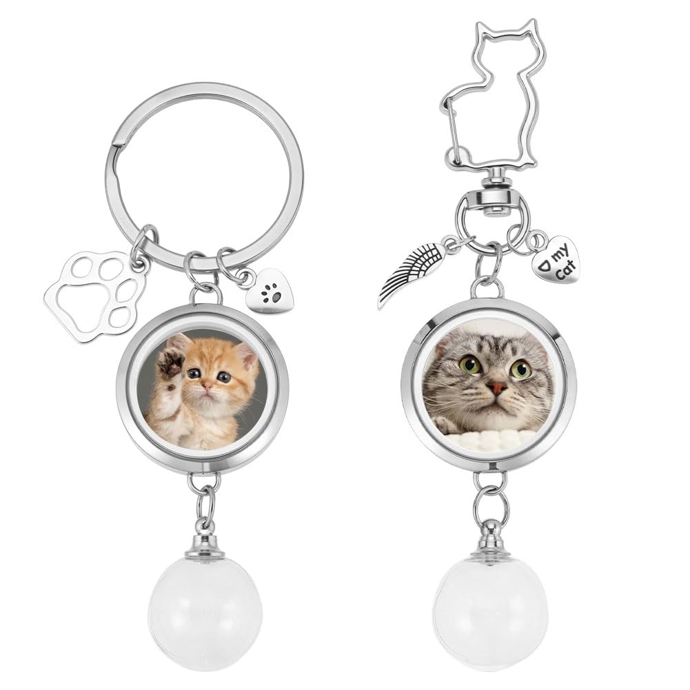 DELORIGIN 2 Pack Cat Fur Keychain Memorial Pendant 4 Inch Stainless Steel and Glass Dog Ash Small Urn Jewelry Photo Glass Locket Keepsake Memory for Pet Gift Giving Sympathy Animal Lover