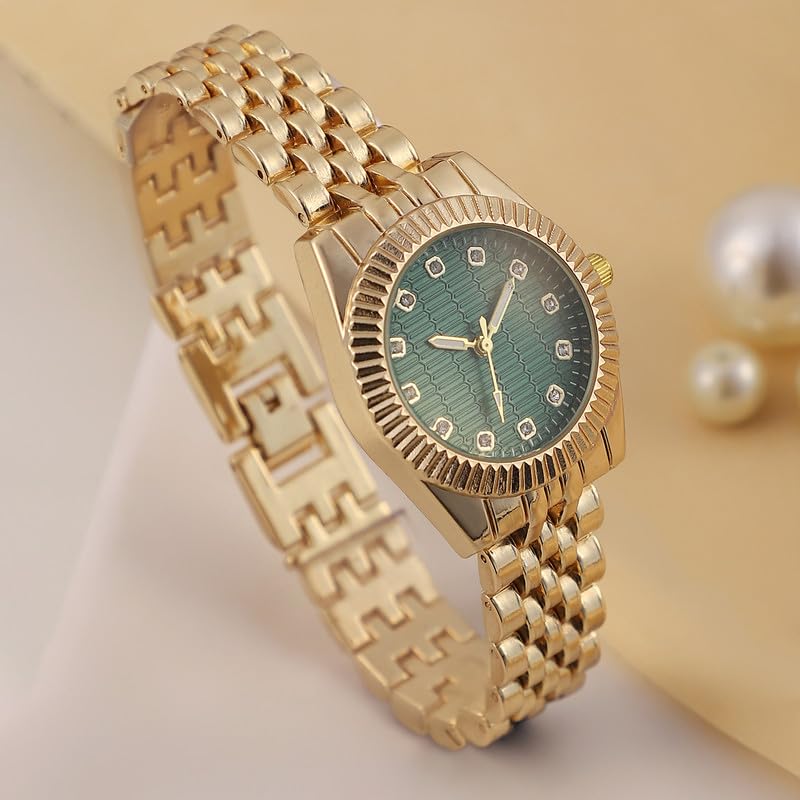 Image of Haute Sauce Women's The Ribbed H-Link Round Watch | California Gold Stainless Steel Strap | Emerald Green Dial | One-Size | Foldover Closure | Quartz | Analogue | Wrist Belt Watch for Female & Girls