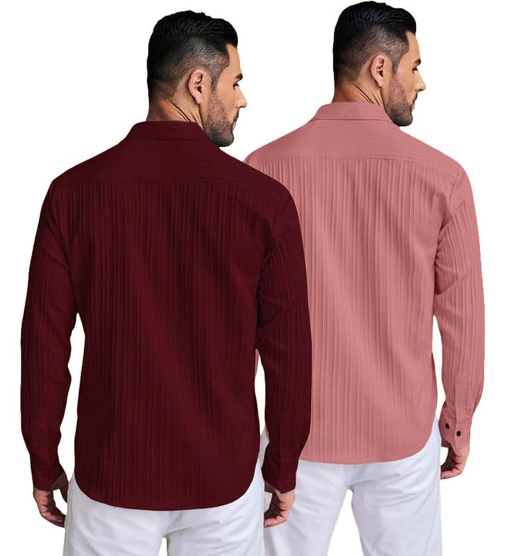 Image of DEELMO Combo of Men's Casual Button Down Shirts Long Sleeve Linen Shirt Fashion Textured Summer Shirts Pack of 2