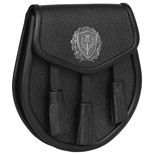 Image of Scottish Original Leather Sporran with Leather Belt & Chain (Black Leather Attique Thistle Badge Sporran)