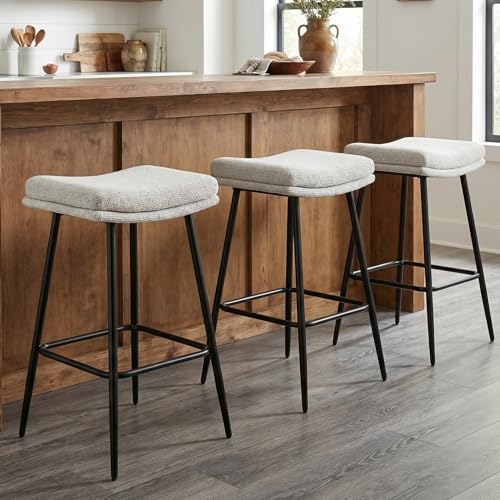Butacos sin respaldo de 26", juego de 3 unidades, asiento tipo silla de montar, cojín de doble capa, tapizado suave en bouclé, patas metálicas, capacidad de 350 lb, para isla de cocina miniatura 1