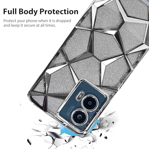 Image of VONZEE Gradient Glitter Case for Moto Edge 50 Fusion /Moto G96, Luxury Electroplated 3D Cube, Diamond Bling Shiny Soft TPU Clear Shockproof Case Women Girls Protective Phone Cover (Silver)