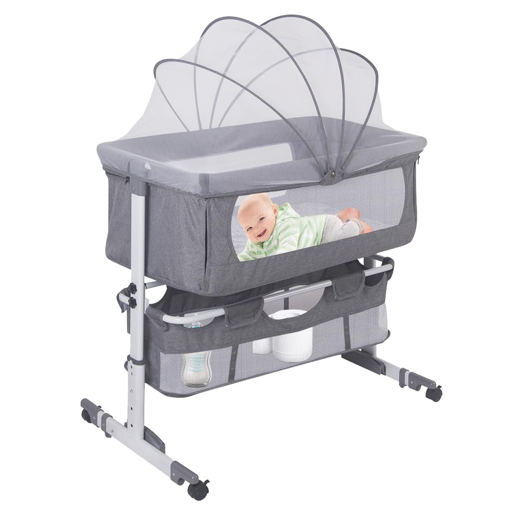 Lit Cododo Bébé 2 en 1 Berceau avec Matelas et Moustiquaire 50KG Réglable en Hauteur 92x58x70-87cm Gris