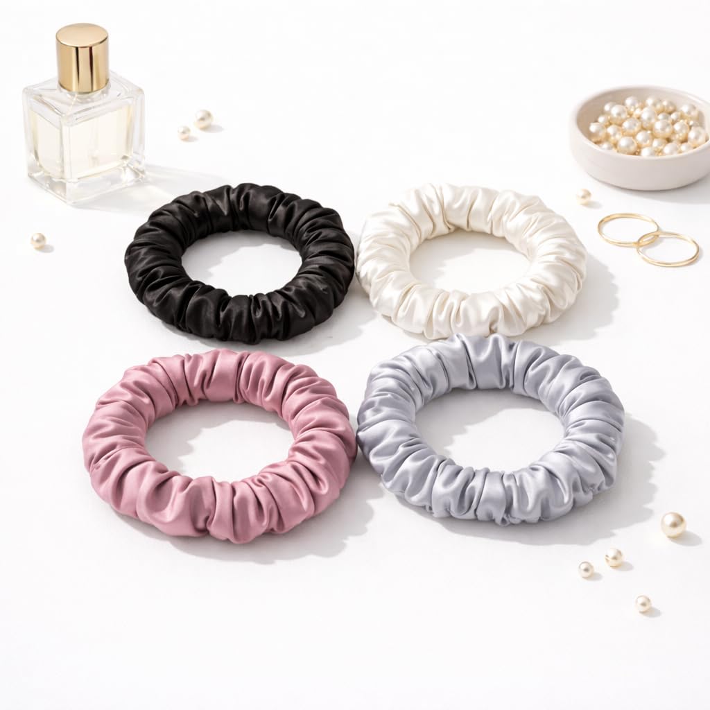 Atrube Premium Skinny Scrunchies for Women, Satin Hair Ties, No-Damage, Soft Elastic Strong Hold, 4 Pack (Urban Chic)-image-32