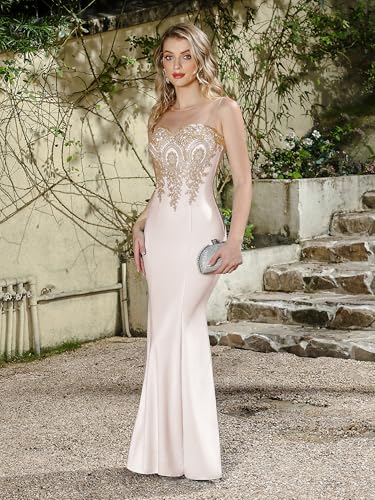 Image of Prom Dress for Women 2025 Gold Lace Applique Long Sheer Illusion Mermaid Formal Dresses Evening Gown