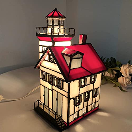 Bieye L10778 Lighthouse Castle Tiffany Style Stained Glass Accent Table Lamp Night Light For Home Decoration (4X5X9, Red) #TOP23