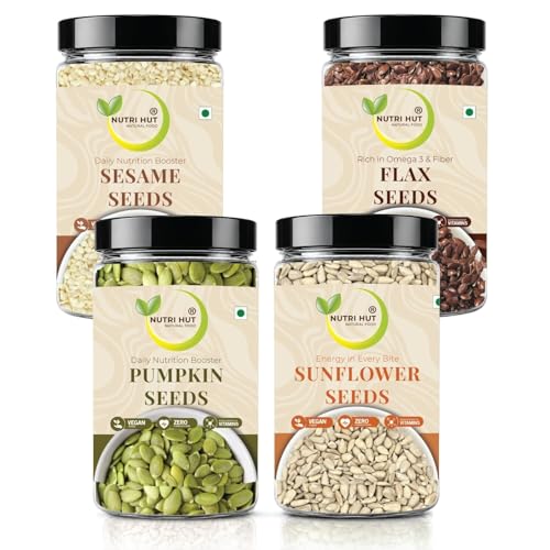 Image of Nutri Hut Seeds Combo Pack of 4 - Flax, Sesame, Pumpkin & Sunflower Seeds | 200g Each | Raw & Natural | Rich in Omega-3, Protein & Fiber | Ideal for Snacking, Salads & Healthy Recipes (200g x 4)