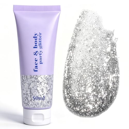Silber Glitter Gel – glitzer gesicht Chunky Glitzer Gel & Flüssiger Lidschatten mit Pailletten, Funkelnde Body Lotion für Gesicht, Haare, Lippen, Nägel & Körper