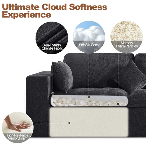 Image of 115''Cloud Boneless Sectional Couch, Modular Sectional Sofa Deep Seat with Ottoman, Oversized Upholstered Convertible Comfy 4 Seater Chenille Sofa L Shape Couches for Living Room, Dark