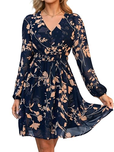 Simplee Womens Floral Mini Dress Long Sleeve Casual V Neck Chiffon Modest Boho Flowy Fall Wedding Guest Dresses