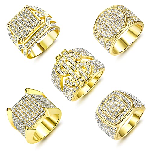 Besteel 5 Pcs Bling Pinky Ring for Men 18K Gold Plated Simulated Diamond Ring Hip Hop Iced Out Mens Gold Plated Simulate Ring