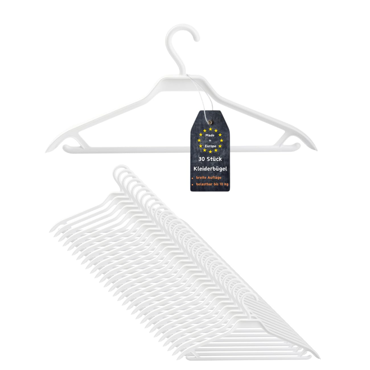 30er Set Kleiderbügel, Weiß, extra stabil für schwere Kleidungsstücke, robust, Haken, breite Auflagefläche, Kunststoff, für Jacken, Mäntel, Hosen, Krawatten, Hemden