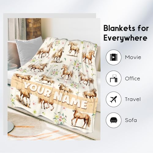 Custom Horse Throws Blanket with Name - 40x50 Inches Cute Throw Blanket for Girls - White Soft Fuzzy Blankets for Couch & Office
