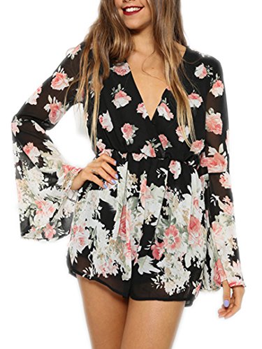 Persun Women Limited Black Floral Print Romper Playsuit With Long Flare Sleeves,Small,Black - Thumbnail 6