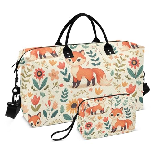 Fox Travel Duffle Bag Gym Bag, Fox Floral Elements Weekender Bags for Women with Toiletry Bag Travel Tote Bag Swim Bag