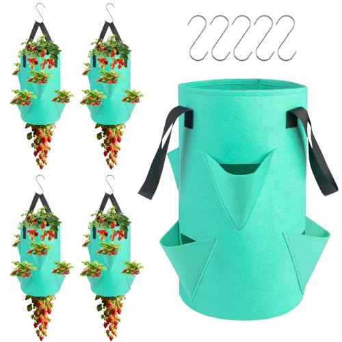 5 Pack Upside Down Strawberry Hanging Planter 3 Gallon Tomato Hanging Grow Bags with 5 Hooks Hanging Tomato Strawberry Grow Planters Vegetable Planting Bags with 6 Planting Holes for House Garden