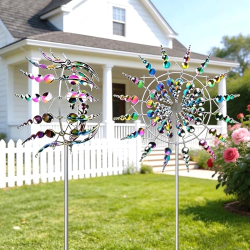 Wxeadu Einzigartige und Magische Metall Windmühle 3D Metall-Windmühle Edelstahl Windrad GartenMetall MagischeWindmühle Wind Spinner Garten für Garten Terrasse Landschaft Dekoration (Silbern C)