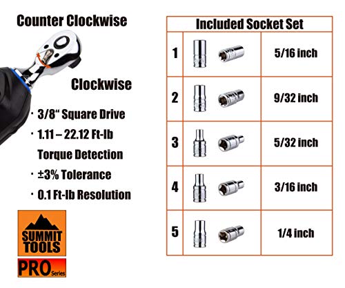 Summit Tools 3/8 inch Digital Torque Wrench, 1.11 - 22.12 ft-lbs (1.5 - 30 N-m) Torque Range, Sequential LED and Buzzer, Socket Set, Calibrated (WSP3-030CN)