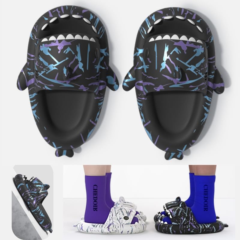 Image of allgala Shark Slides for Women Men and Big Kids Novelty Soft Slippers Open Toe Shark Sandals Cushioned Slides Beach Pool Shower Cruise Slippers with Comfy Cushioned Thick Sole