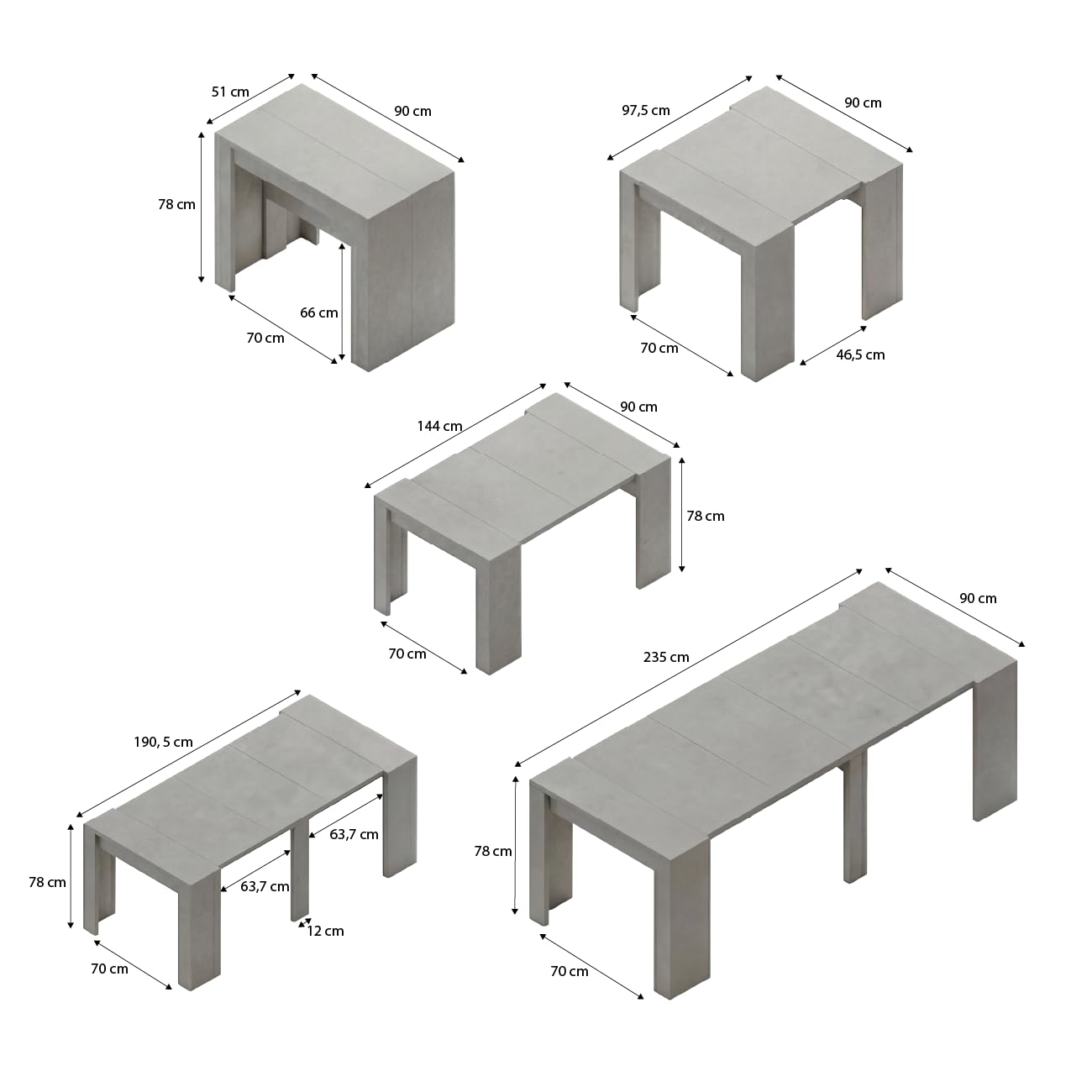 duehome | Mesa de Comedor, Consola, Mesa Extensible, Mesa para Salon, Recibidor o Cocina, Acabado en Cemento, Modelo Denis, Medidas: 50-235 cm (Largo) x 90 cm (Ancho) x 78 cm (Alto)