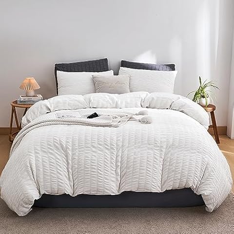 DuShow Queen Duvet Cover White,3 Pieces Seersucker Duvet Cover Set,Soft Breathable Textured Bedding Set,White Queen Comforter Cover Set for All Season Cover