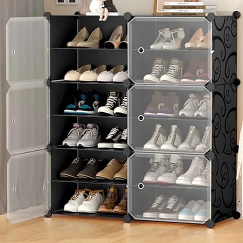 Image of Plastic Shoe Rack for Home | ๐๐ ๐๐ข๐๐ซ Foldable Dustproof Shoe Storage Cabinet & ๐ ๐
๐ซ๐จ๐ง๐ญ ๐๐จ๐จ๐ซ | Space Saving Multipurpose Organizer for Entryway, Bedroom, Living & Office| Black