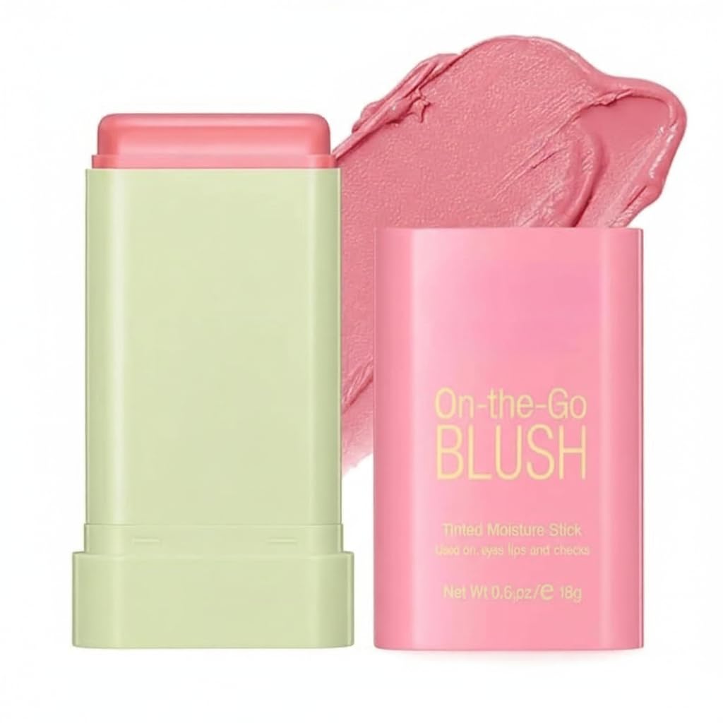 Multi-Use Cream Blush Stick with Built-in Blending Brush – Natural Radiant Glow - Shy Pink Cheek, Lip & Eye Tint | Smooth, Dewy Finish | Travel-Friendly Blusher for Women & Girls