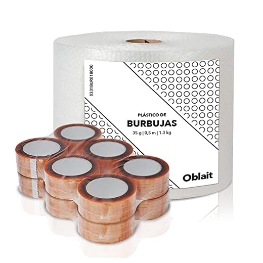 Rollo de plástico de burbujas de 50 cm de ancho y 100 metros de longitud + 2 rollos precinto 50mm x 66m