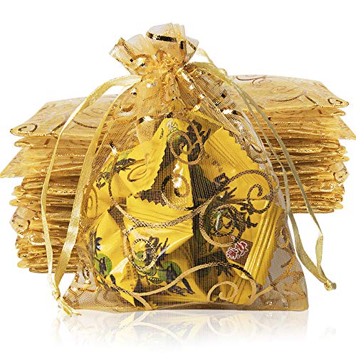 AISHN Lot de 100 pochettes cadeau en organza avec cordon de serrage pour bonbons, fête, mariage, carte de remerciement, etc. (doré)