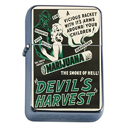 Vintage Poster The Devil's Harvest Flip Top Oil Lighter S302 Smoking Cigarette Smoker Includes Silver Case