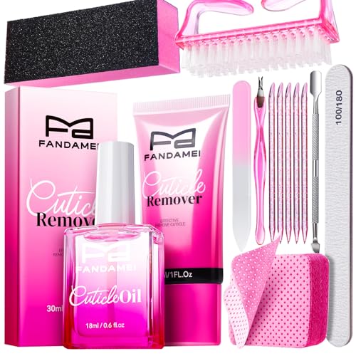 FANDAMEI Cuticle Remover Kit Cuticle Remover & Oil Professional Manicure Kit for Women with 50 PCS Lint Free Wipes Steel Nail Pusher & Fork Nail Files and Buffers Manicure Tools Set for Nail Care