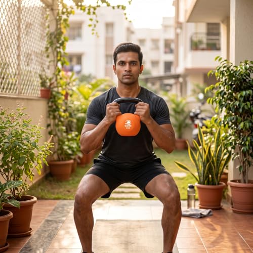 Image of KAKSS Half Coating Neoprene Kettlebell, 6kg Orange Cast Iron Kettle Bell with Non-Slip Grip Handle for Strength Training, Home Gym Workout Equipment for Men & Women (Proudly Made in India)