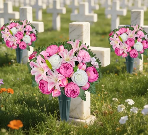 Image of Artificial Cemetery Flowers for Grave Decorations: Gravesite Flowers of Pink Peony Rose Daisy Lily Bouquet with Vase - Ideal for Sympathy & Memorial Tributes