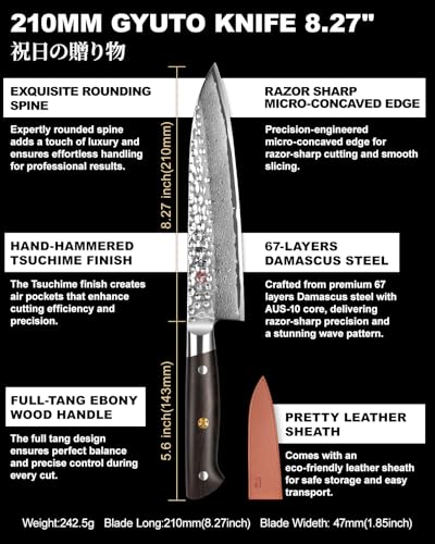 kanngou Japanese Chef Knife Kitchen Knife with 67 Layers Damascus Steel AUS-10 Core, Professional Damascus Knife with Full-Tang Ebony Wood Handle and Premium Gift Box (8.27 Inch Gyuto Chef Knife) - Image 2