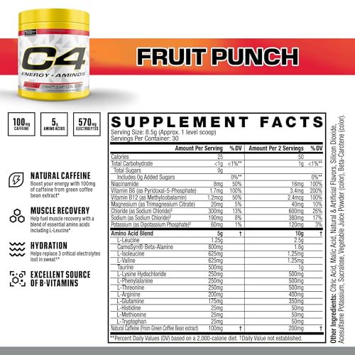 C4 Energy + Aminos Powder for Muscle Recovery, Fruit Punch, 30 Servings | 100mg natural caffeine, 5g BCAAs & EAAs plus electrolytes for energy, recovery and hydration. - image 2