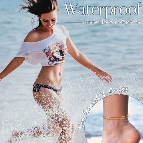 Image of LOYALLOOK Ankle Bracelets for Women Waterproof, 14K Gold Plated Cuban Figaro Link Chain Anklets Non Tarnish, Dainty Layered Anklet Bracelets Adjustable Summer Beach Foot Jewelry