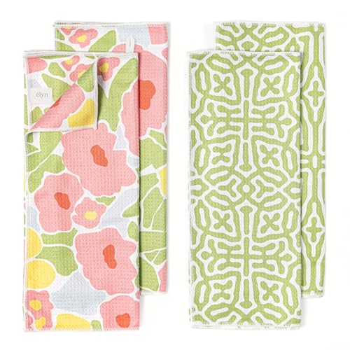 ELYN Microfiber Kitchen Dish Towel Set Quick-Dry & Absorbent Waffle Weave Cleaning Towels Set of 4 Kitchen Towels Paper Towels Alternative (Bold Floral & Geo)